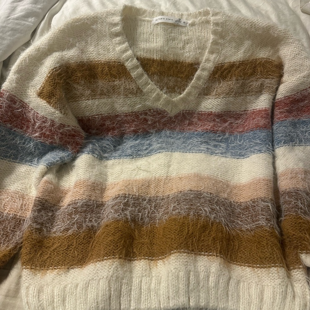 Altar'd State Cream V-Neck Mohair-Blend Sweater with Striped Earth Tones